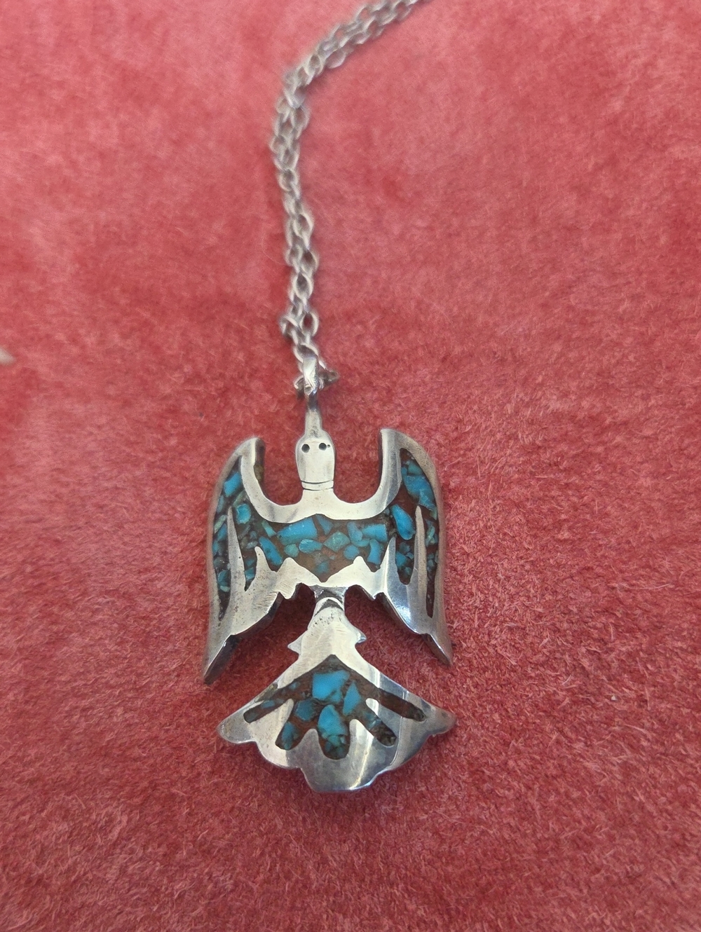 Turquoise Inlay Peyote Bird  Pendant Necklace - By Tommy Singer. [Signed].